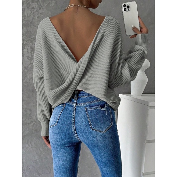 Minimalist Twist Back Drop Shoulder Boat Neck Sweater backless - Picture 8 of 11